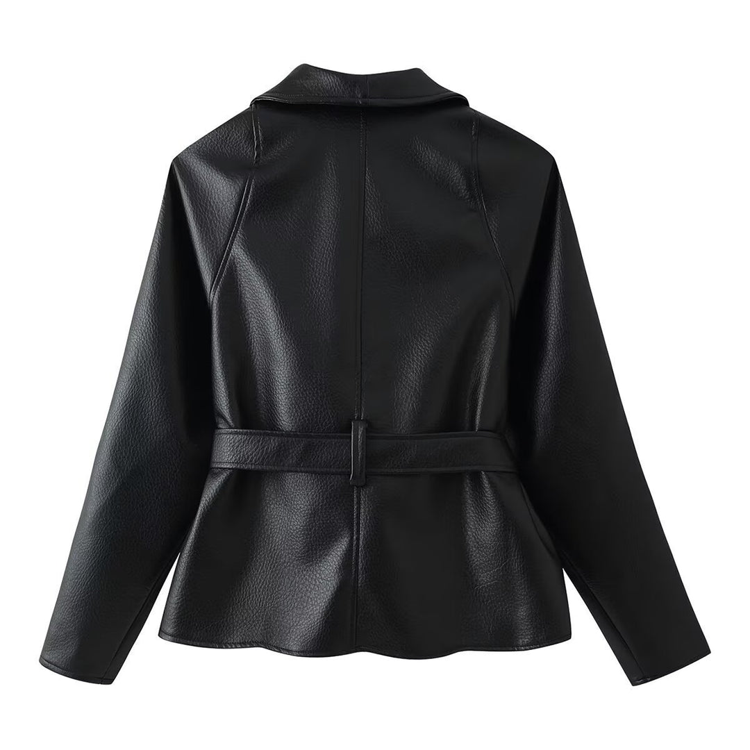 Damen Taillierter Bindegürtel-Lederblazer mit Schalkragen Nord Taschen