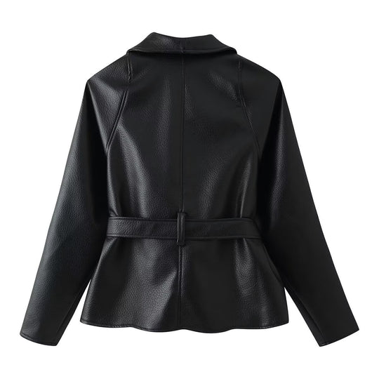 Damen Taillierter Bindegürtel-Lederblazer mit Schalkragen Nord Taschen