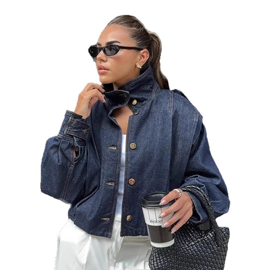 Damen Oversize Jeansblouson mit hohem Stehkragen, Druckknopfleiste und Schulter-Detail Nord Taschen