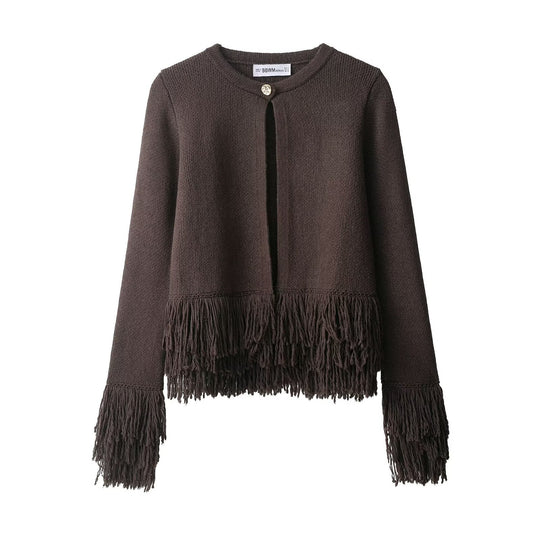 Damen Kurzer Strickcardigan mit Fransenbesatz, Rundhalsausschnitt und Ein-Knopf-Verschluss Nord Taschen