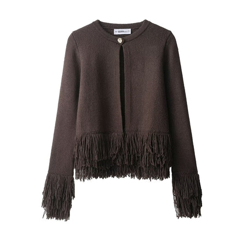 Damen Kurzer Strickcardigan mit Fransenbesatz, Rundhalsausschnitt und Ein-Knopf-Verschluss Nord Taschen
