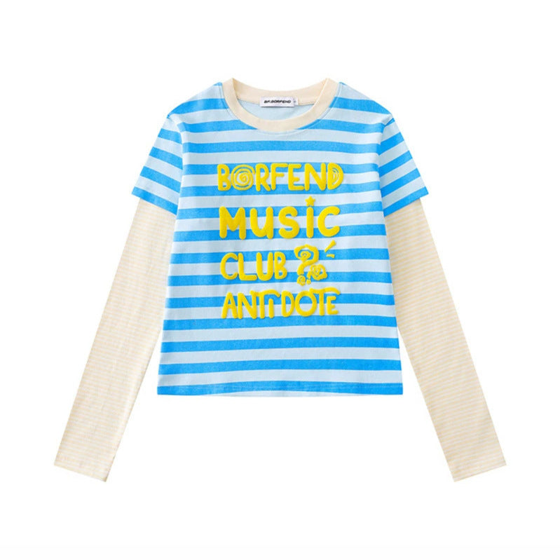 Damen Lagen-Langarmshirt im Layer-Look mit kontrastierenden Streifenärmeln und typografischem Print Nord Taschen