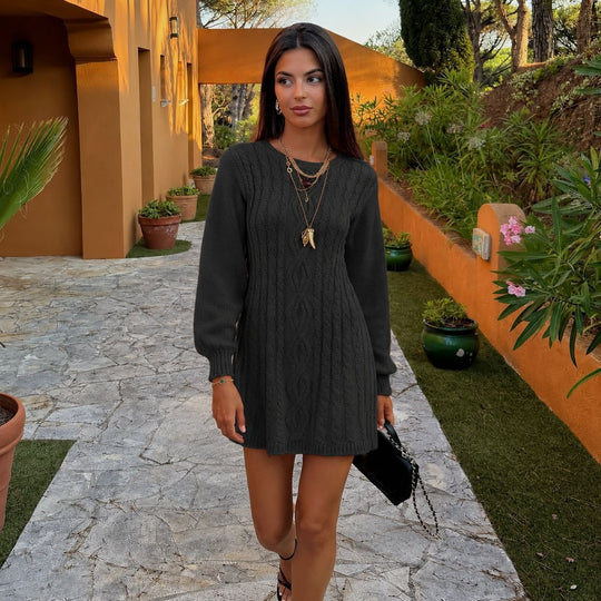 Damen Strickkleid mit Zopfmuster und Ballonärmeln Nord Taschen