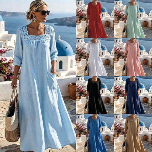 Damen Maxikleid mit gehäkeltem Quadrat-Ausschnitt, dreiviertel Ärmeln und Eingrifftasche Nord Taschen