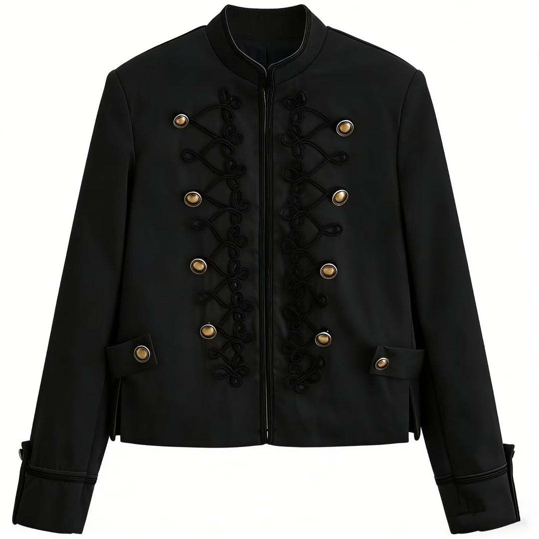 Damen Militärinspirierte Kurzjacke mit Stehkragen, Zierkordeln und Goldknöpfen Nord Taschen