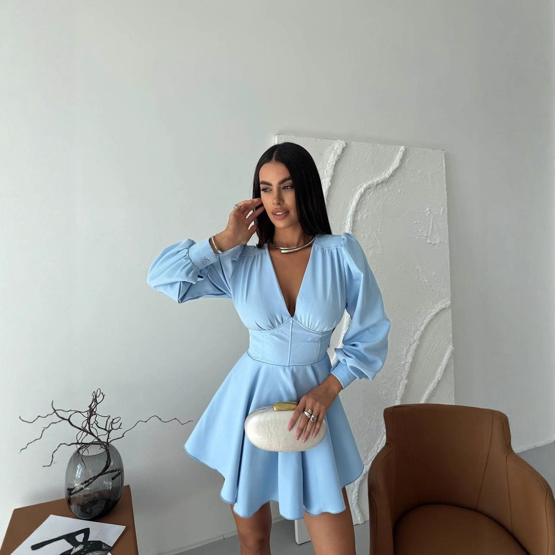 Damen Korsett-Detail Mini-Kleid mit Puffärmeln und ausgestelltem Rock Nord Taschen