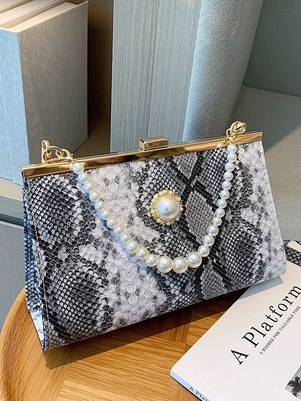 Damen elegante Abendtasche im Schlangenleder-Look mit Perlenakzent Nord Taschen