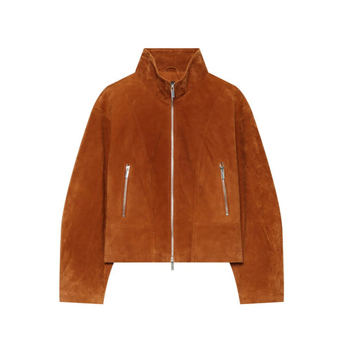 Damen Cropped Velourslederjacke mit Stehkragen und durchgehendem Reißverschluss Nord Taschen
