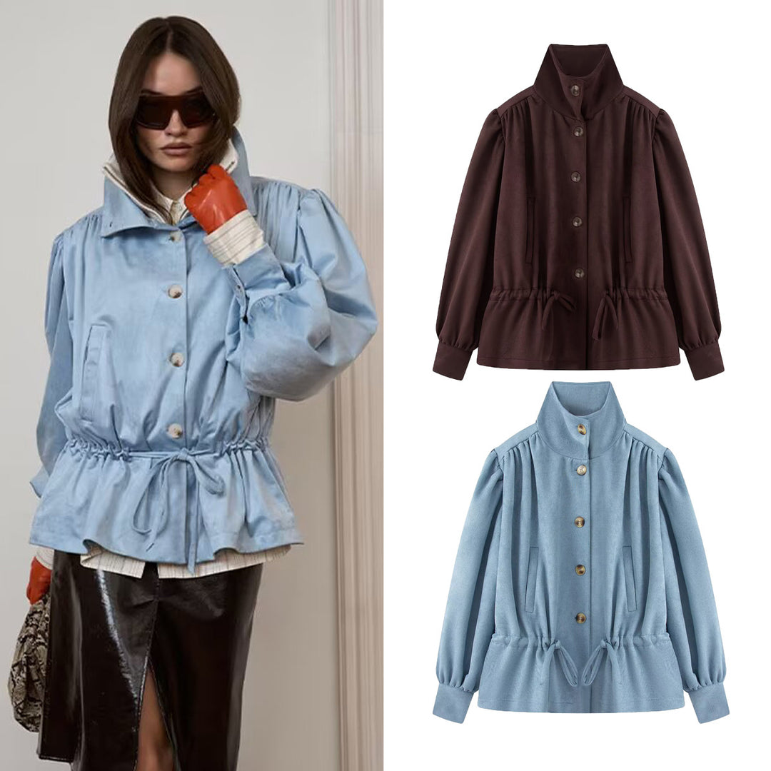 Damen Kurzjacke mit Stehkragen, Tunnelzug und Ballonärmeln Nord Taschen