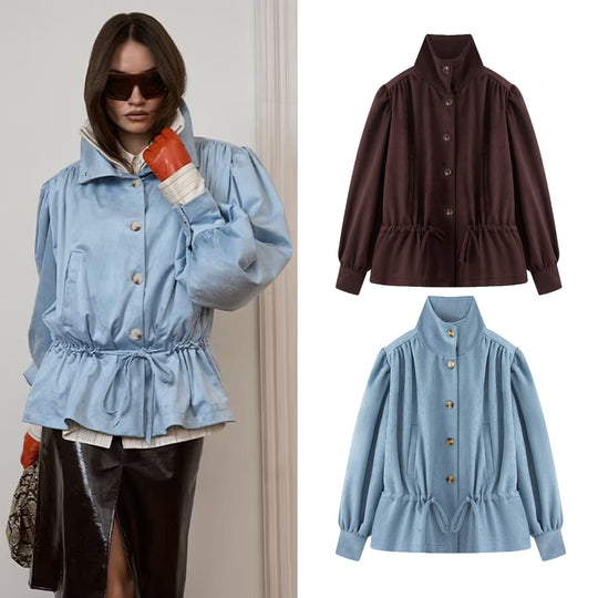 Damen Kurzjacke mit Stehkragen, Tunnelzug und Ballonärmeln Nord Taschen