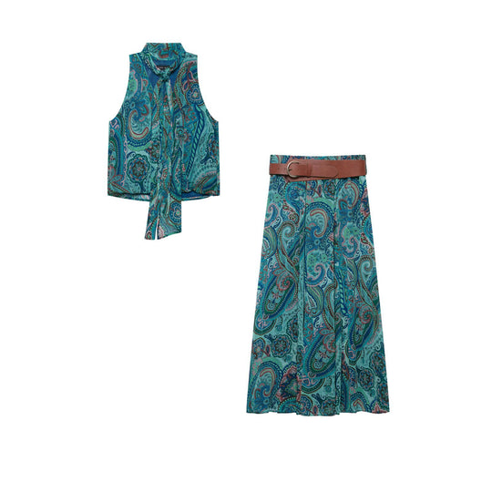 Damen Maxirock mit Paisley-Print, leichtem Fall, Plissee-Details und Taillengürtel Nord Taschen