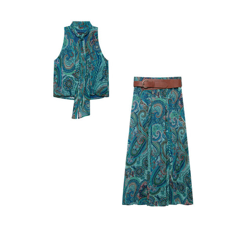Damen Maxirock mit Paisley-Print, leichtem Fall, Plissee-Details und Taillengürtel Nord Taschen