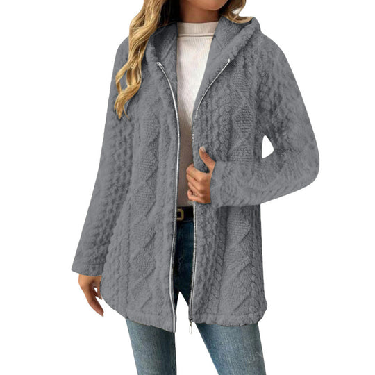 Damen Kapuzen-Sherpajacke mit Zopfmuster, mittellang und Zwei-Wege-Reißverschluss Nord Taschen