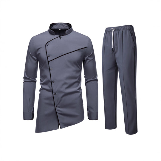 Herren Kochjacke- und Hose-Set aus pflegeleichtem Mikrofaser mit asymmetrischer Knopfleiste und schwarzer Paspelierung Nord Taschen