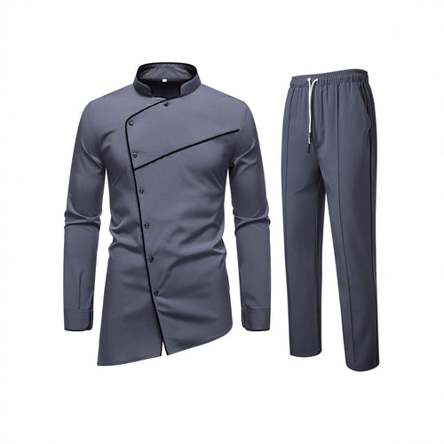 Herren Kochjacke- und Hose-Set aus pflegeleichtem Mikrofaser mit asymmetrischer Knopfleiste und schwarzer Paspelierung Nord Taschen