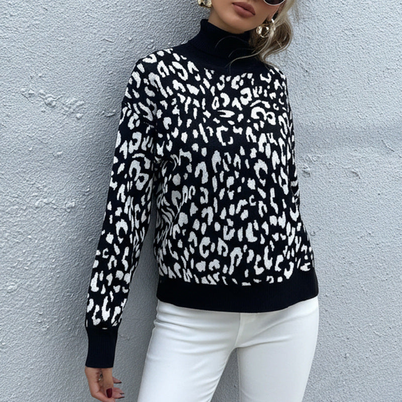Damen Oversize Feinstrickpullover mit Leoparden-Jacquard und Stehkragen Nord Taschen