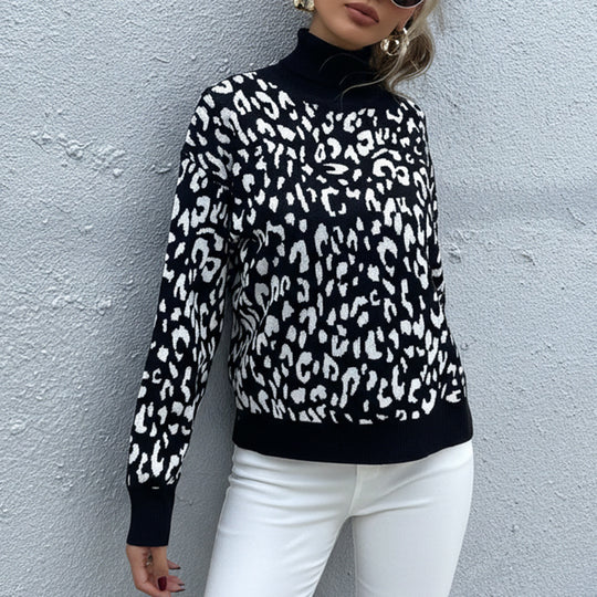 Damen Oversize Feinstrickpullover mit Leoparden-Jacquard und Stehkragen Nord Taschen