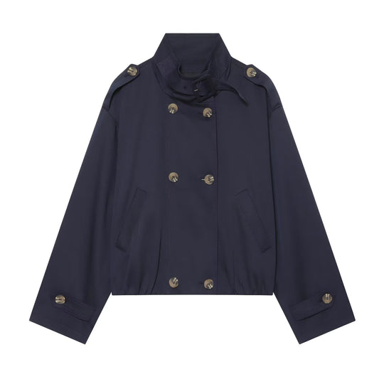 Damen Kurz geschnittene doppelte Knopfleiste Trench-Bomberjacke mit Stehkragen, Riegel und elastischem Saum Nord Taschen