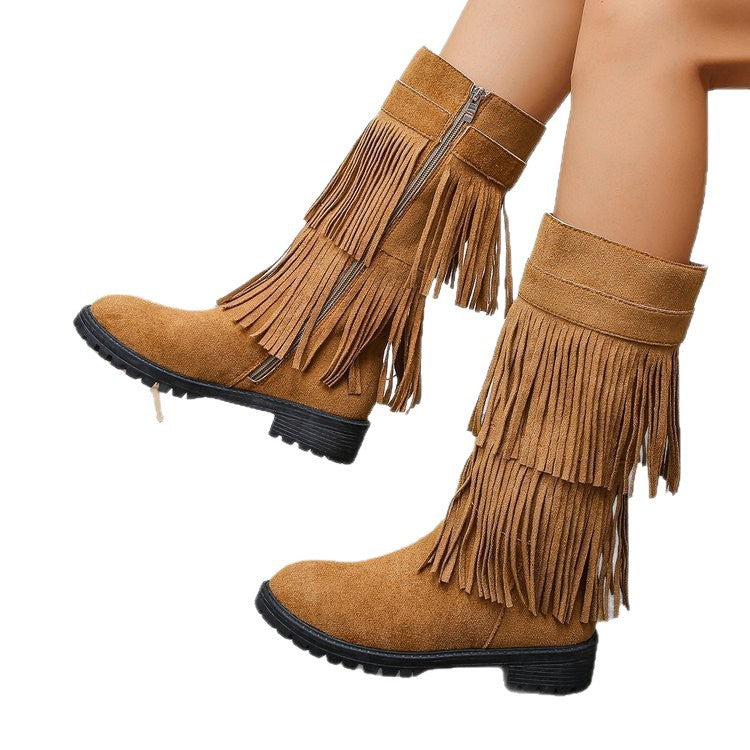 Damen Mid‑Calf Fransenstiefel aus Veloursimitat mit mehrlagigen Fransen und profilierter Gummisohle Nord Taschen
