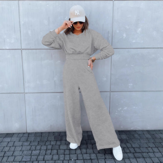 Damen Loungewear-Set mit Cropped V‑Ausschnitt-Pullover und hochtaillierter Palazzohose Nord Taschen