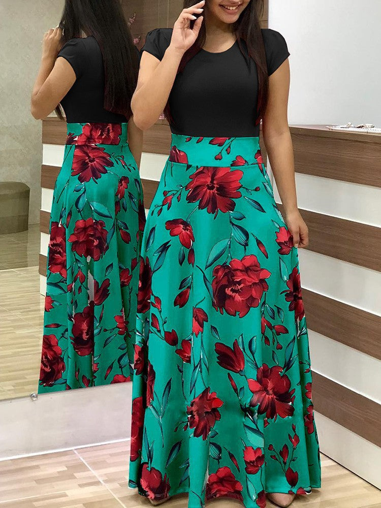 Damen Zweiteilig wirkendes Maxikleid mit figurbetontem Jersey-Oberteil und weitem Blumenrock Nord Taschen