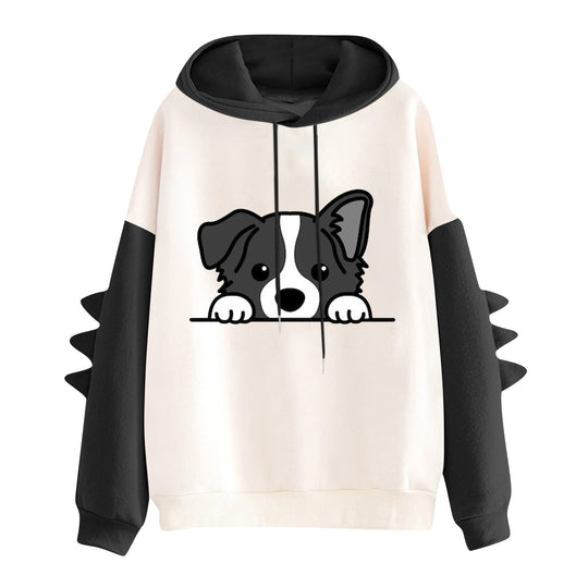 Damen nan Kapuzenpullover mit niedlichem Hunde‑und‑Katzen‑Print und 3D-Stacheln an den Ärmeln Nord Taschen