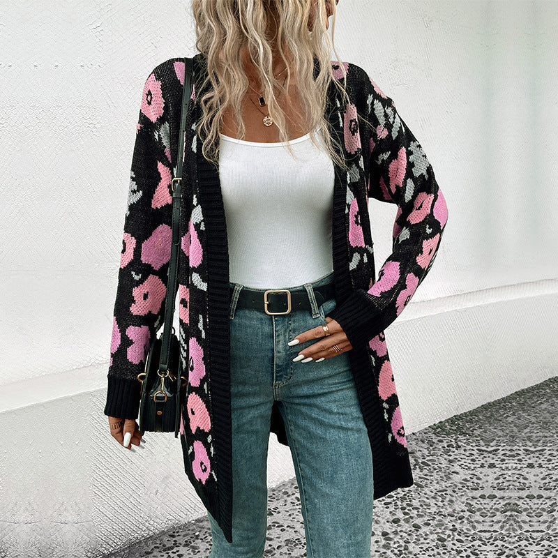 Damen Langer offener Strickcardigan mit Leo-Jacquardmuster und gerippten Säumen Nord Taschen
