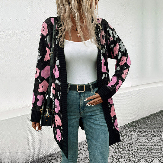 Damen Langer offener Strickcardigan mit Leo-Jacquardmuster und gerippten Säumen Nord Taschen