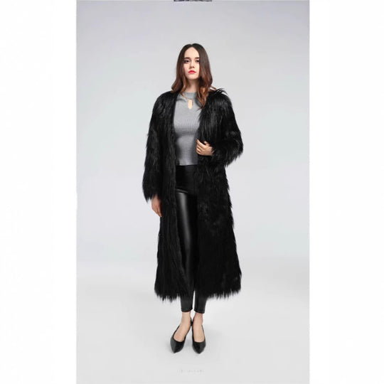 Damen extravaganter bodenlanger Hochflor-Faux-Fur-Mantel mit Schleppe und offenem Schnitt Nord Taschen