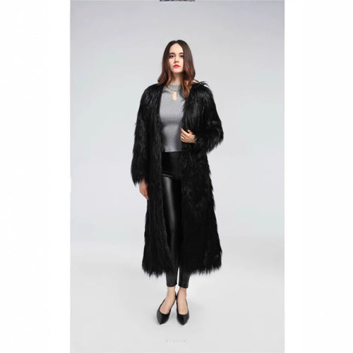 Damen extravaganter bodenlanger Hochflor-Faux-Fur-Mantel mit Schleppe und offenem Schnitt Nord Taschen