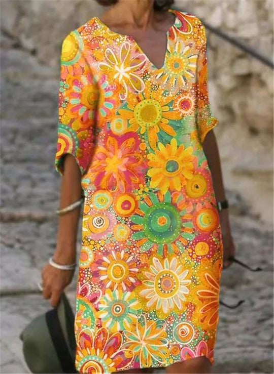 Damen lässiges Freizeitkleid mit floralen Mustern und V-Ausschnitt Nord Taschen
