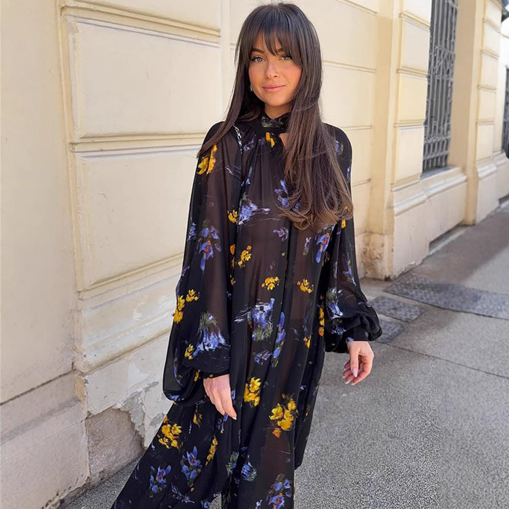 Damen Chiffon-Maxikleid mit Stehkragen, Keyhole-Ausschnitt & voluminösen Ballonärmeln Nord Taschen