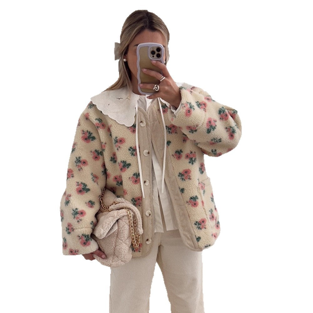 Damen Teddy-Fleecejacke mit Blumendruck, Cordleiste, Pattentaschen und übergroßem Spitzenkragen Nord Taschen