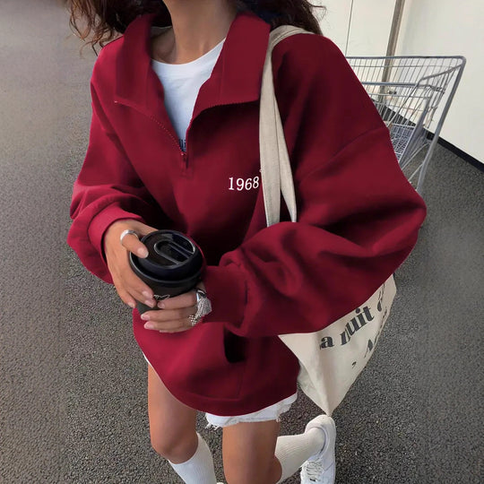 Damen oversized Hoodie mit kurzem Reißverschluss, hohem Stehkragen und Kängurutasche Minimalstick Nord Taschen