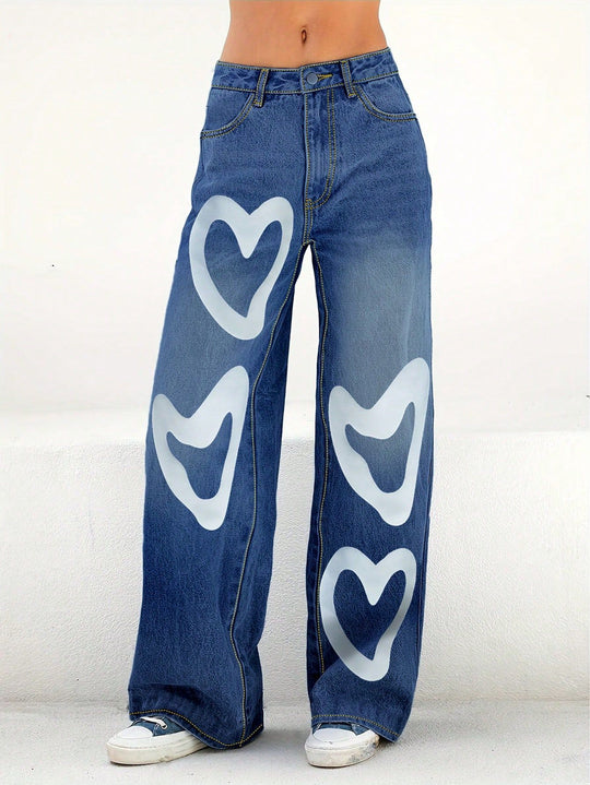Damen High-Waist Wide-Leg-Jeanshose mit großflächigem Herz-Print Nord Taschen