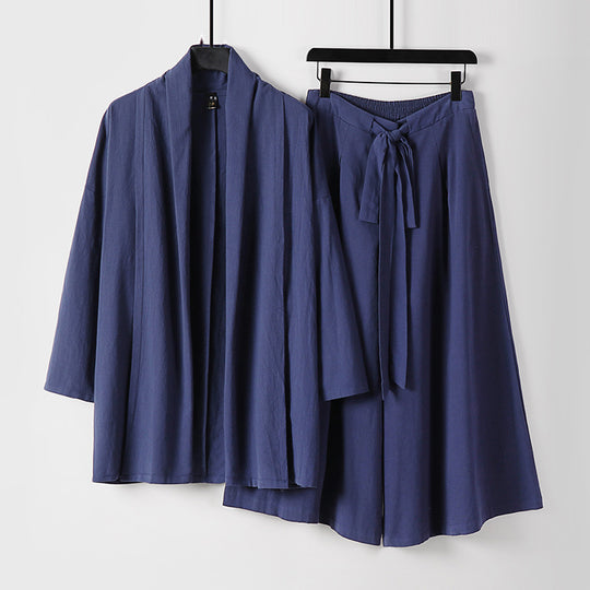 Damen Zweiteiliges Lounge-Set im Kimono-Stil mit offenem Schalkragen und weitem Palazzo-Hosenrock Nord Taschen