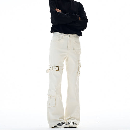 Damen Cargo-Flared-Jeans mit hoher Bundlinie, Utility-Taschen und Beinschnalle Nord Taschen