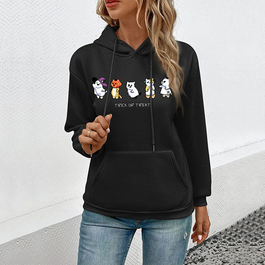 Damen Kapuzenpullover mit Cartoon-Katzen-Motiv, Kängurutasche und weichem Futter Nord Taschen