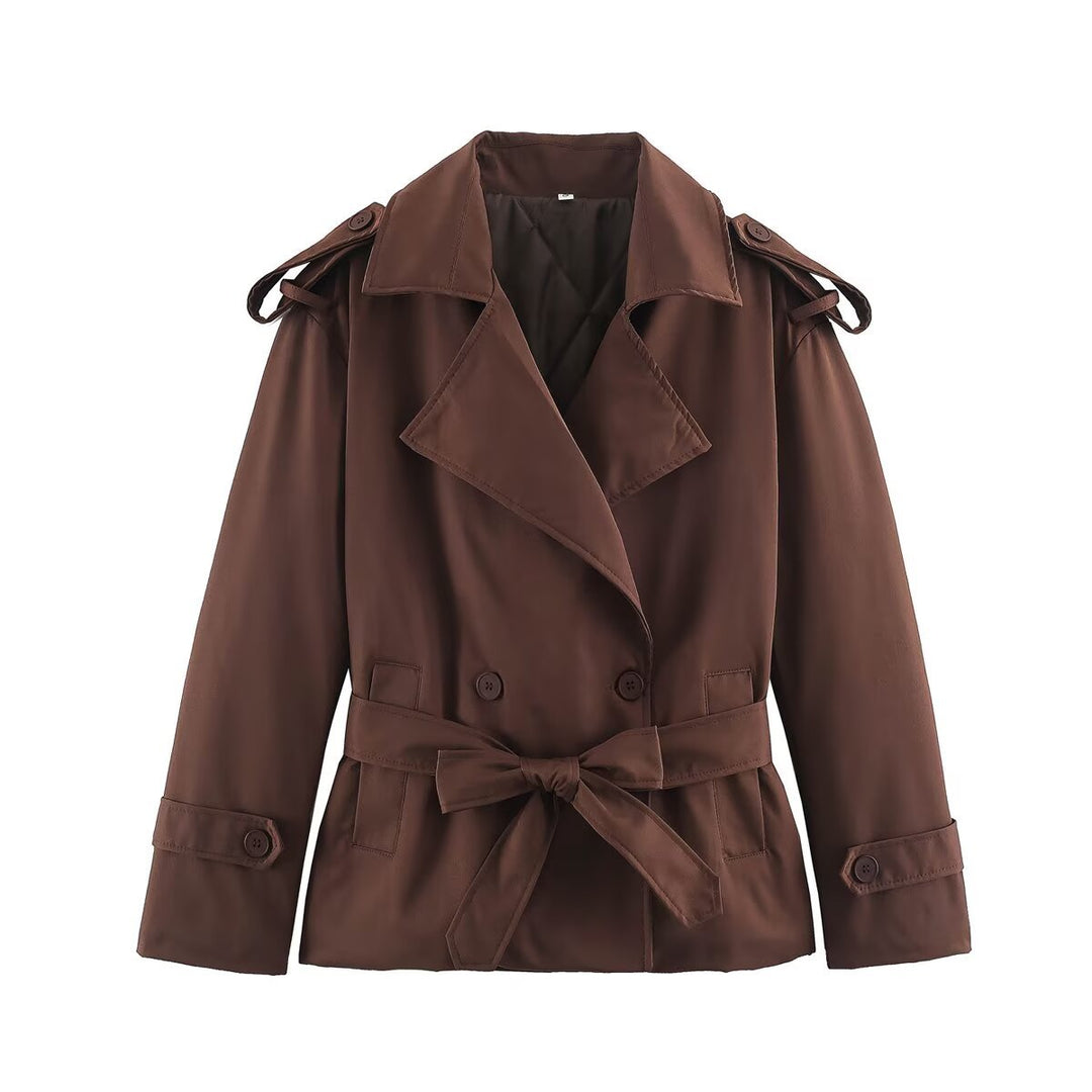 Damen Taillierte Kurz-Trenchjacke mit Bindegürtel und Schulterpatten Nord Taschen