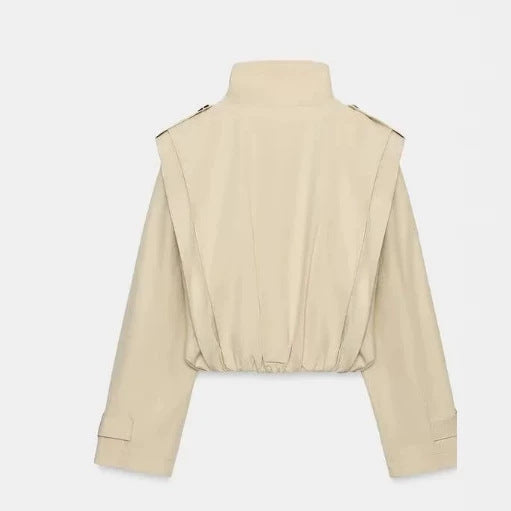 Damen Cropped Doppelreihiger Trench‑Blouson mit Stehkragen, Schulterpatten und elastischem Saum Nord Taschen