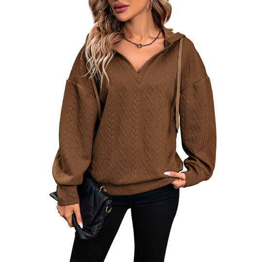 Damen Gemütlicher Strickpullover mit V-Ausschnitt und Kapuze Nord Taschen
