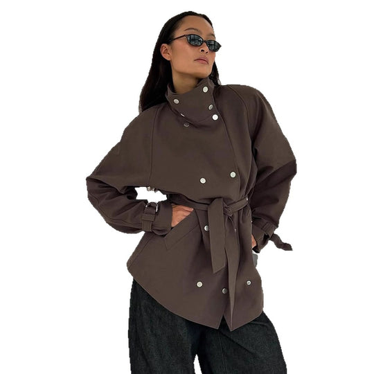 Damen Taillierbarer Oversize Kurztrench mit hohem Stehkragen, Druckknopffront und Bindegürtel Nord Taschen