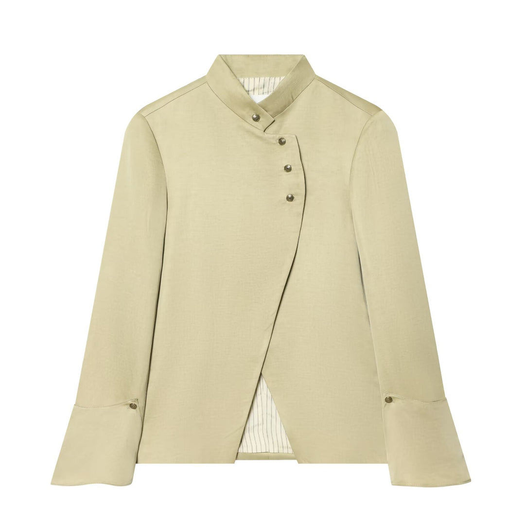 Damen Asymmetrischer Kurzblazer mit Stehkragen und Zierknopfleiste Nord Taschen
