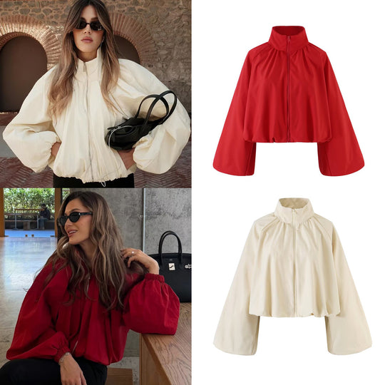 Damen Kurzes Cape‑Blouson mit Stehkragen, weiten Trompetenärmeln und Reißverschluss Nord Taschen
