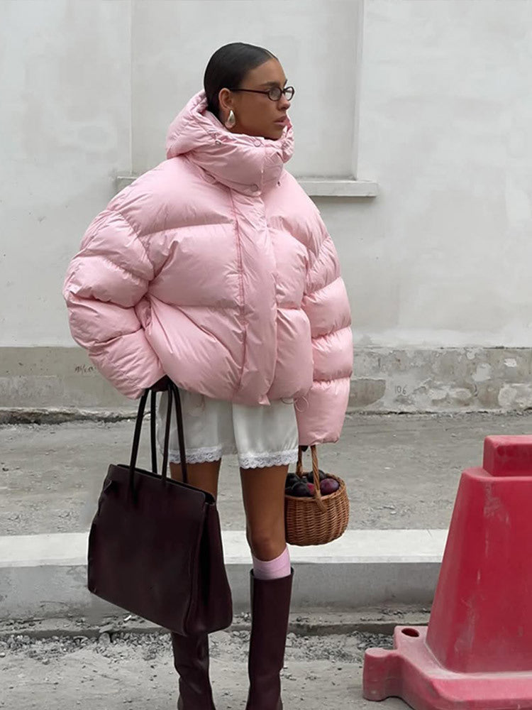 Damen kurze oversized Stepp-Daunenjacke mit Kapuze und hohem Stehkragen Nord Taschen