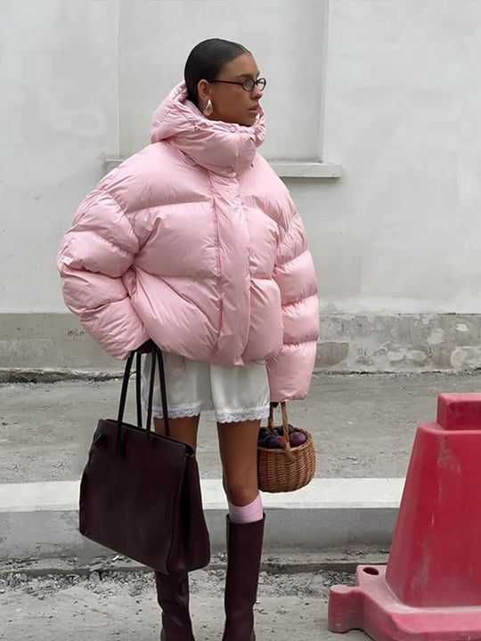 Damen kurze oversized Stepp-Daunenjacke mit Kapuze und hohem Stehkragen Nord Taschen