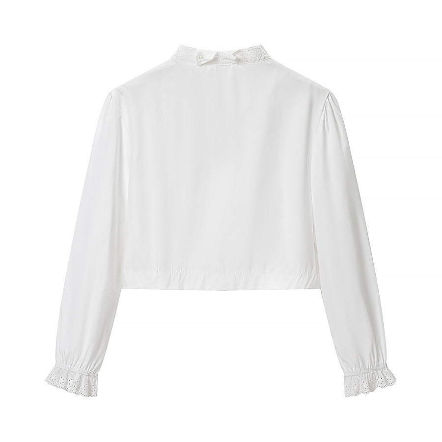 Damen Kurzbluse mit Broderie-Anglaise‑Besatz, Stehkragen und geraffter Taillenpartie Nord Taschen