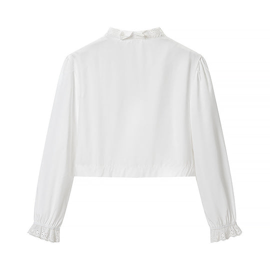 Damen Kurzbluse mit Broderie-Anglaise‑Besatz, Stehkragen und geraffter Taillenpartie Nord Taschen