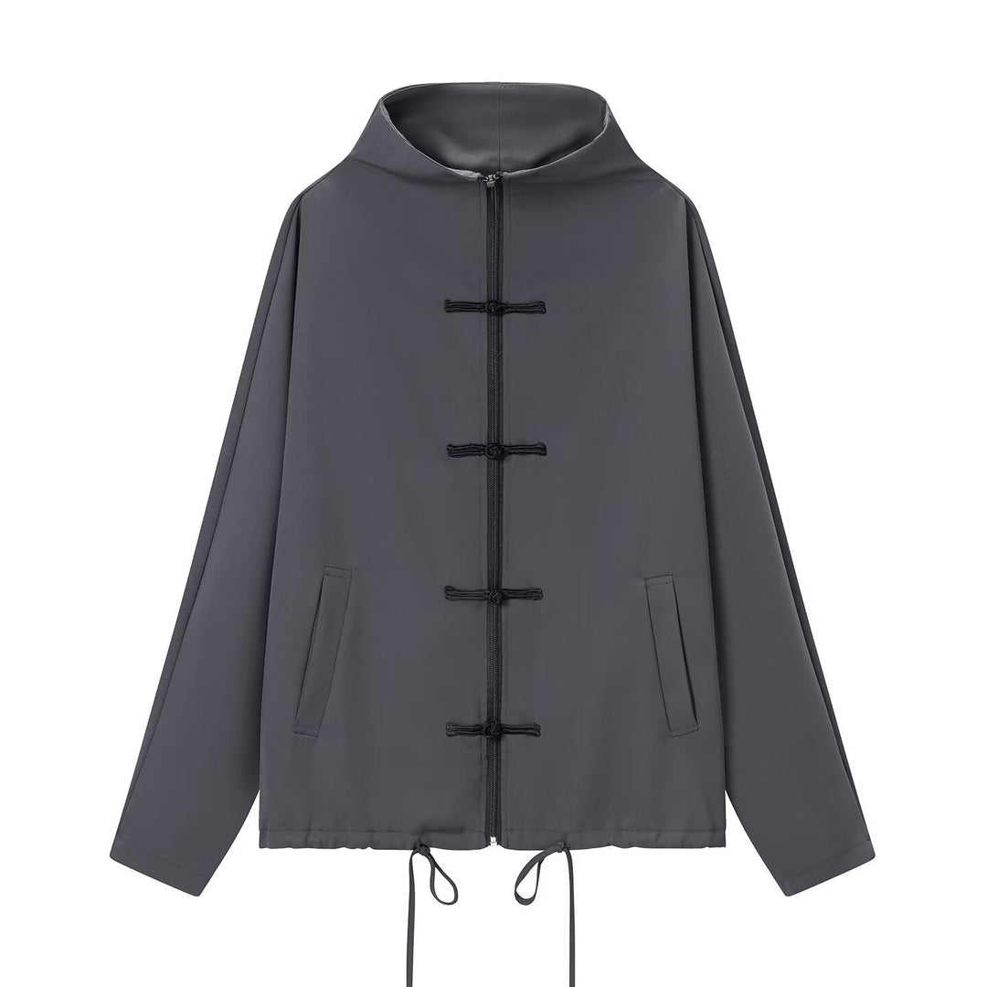 Damen leichte Boxy-Jacke mit Stehkragen, Zipper-Front, Kordelzug und dekorativen Knotenverschlüssen Nord Taschen