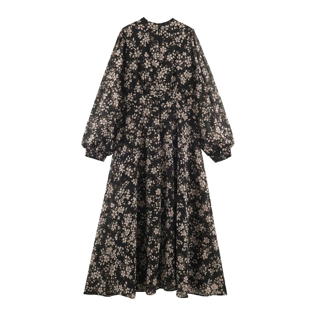 Damen Geblümtes Midikleid mit Faltenoberteil, Stehkragen und Ballonärmeln Nord Taschen